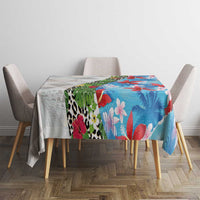 Hawaiian Tropical Flowers and Leaves Tablecloth on Leopard Pattern Half Style White-Blue Version - Polynesian Pride