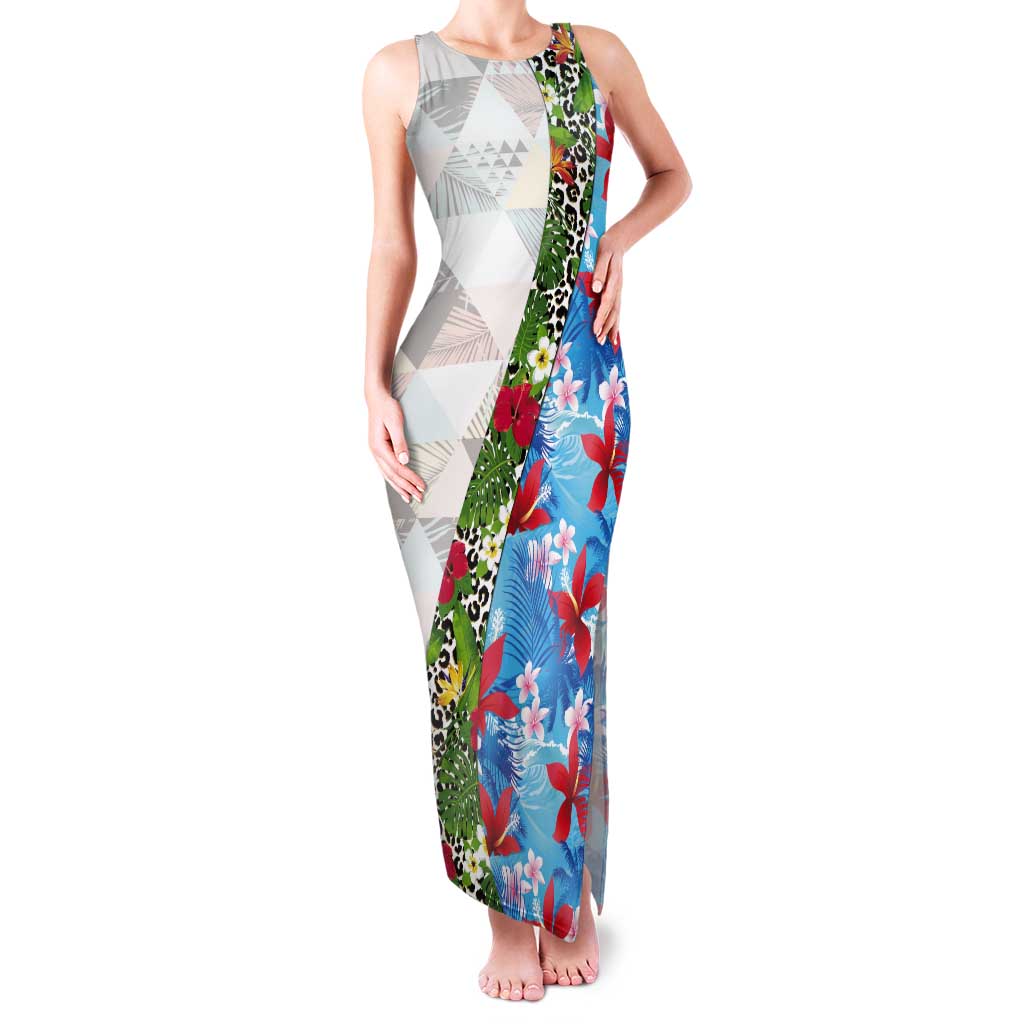 Hawaiian Tropical Flowers and Leaves Tank Maxi Dress on Leopard Pattern Half Style White-Blue Version - Polynesian Pride