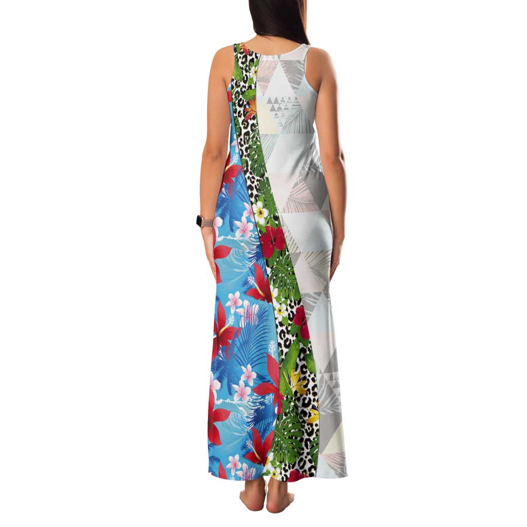 Hawaiian Tropical Flowers and Leaves Tank Maxi Dress on Leopard Pattern Half Style White-Blue Version - Polynesian Pride