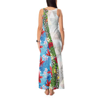 Hawaiian Tropical Flowers and Leaves Tank Maxi Dress on Leopard Pattern Half Style White-Blue Version - Polynesian Pride