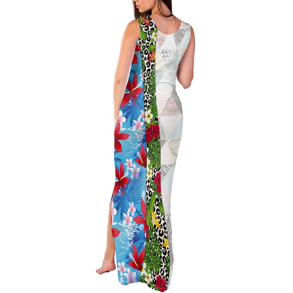 Hawaiian Tropical Flowers and Leaves Tank Maxi Dress on Leopard Pattern Half Style White-Blue Version - Polynesian Pride