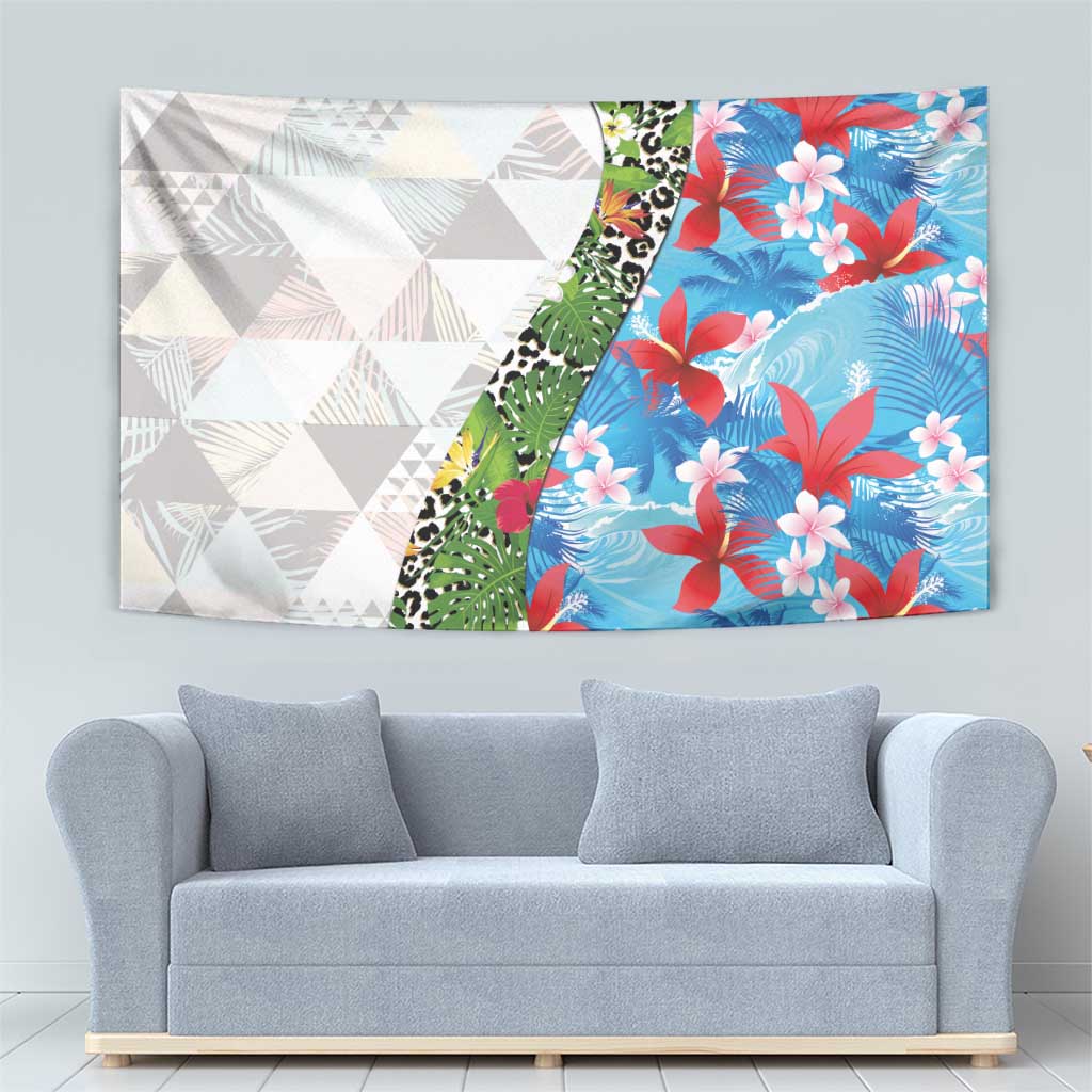 Hawaiian Tropical Flowers and Leaves Tapestry on Leopard Pattern Half Style White-Blue Version - Polynesian Pride
