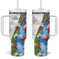 Hawaiian Tropical Flowers and Leaves Tumbler With Handle on Leopard Pattern Half Style White-Blue Version - Polynesian Pride