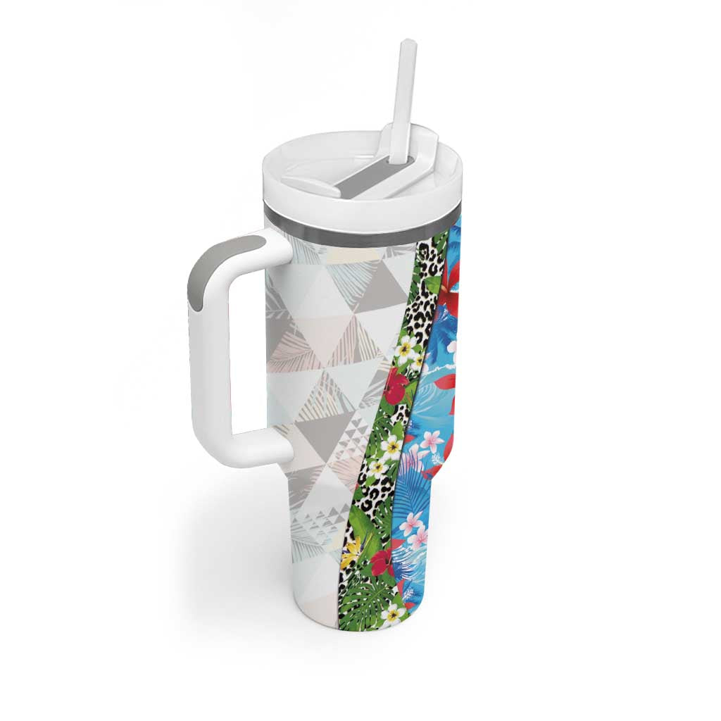 Hawaiian Tropical Flowers and Leaves Tumbler With Handle on Leopard Pattern Half Style White-Blue Version - Polynesian Pride