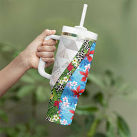 Hawaiian Tropical Flowers and Leaves Tumbler With Handle on Leopard Pattern Half Style White-Blue Version - Polynesian Pride