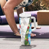Hawaiian Tropical Flowers and Leaves Tumbler With Handle on Leopard Pattern Half Style White-Blue Version - Polynesian Pride