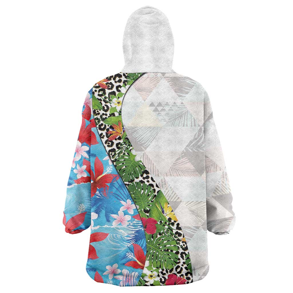 Hawaiian Tropical Flowers and Leaves Wearable Blanket Hoodie on Leopard Pattern Half Style White-Blue Version - Polynesian Pride