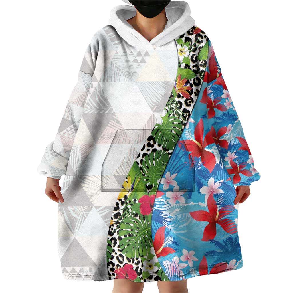 Hawaiian Tropical Flowers and Leaves Wearable Blanket Hoodie on Leopard Pattern Half Style White-Blue Version - Polynesian Pride