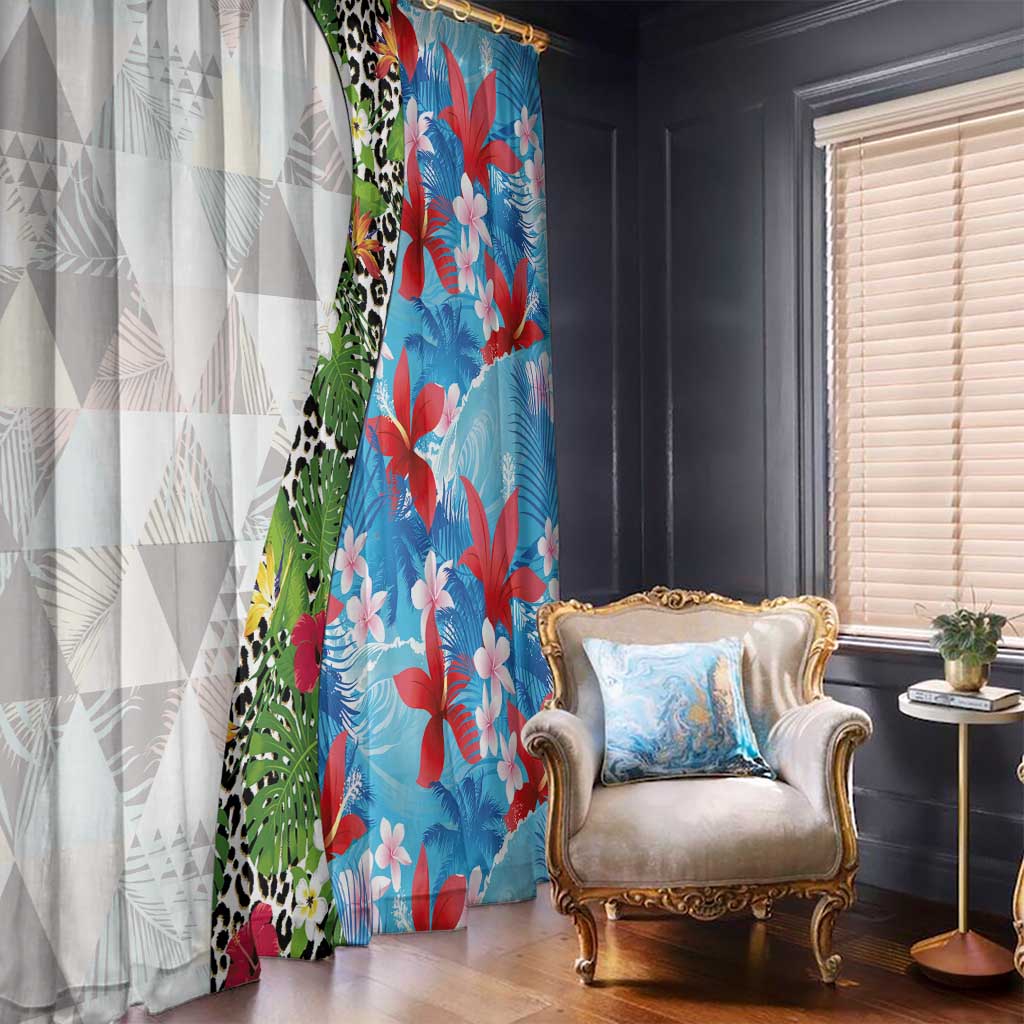 Hawaiian Tropical Flowers and Leaves Window Curtain on Leopard Pattern Half Style White-Blue Version LT03 - Polynesian Pride