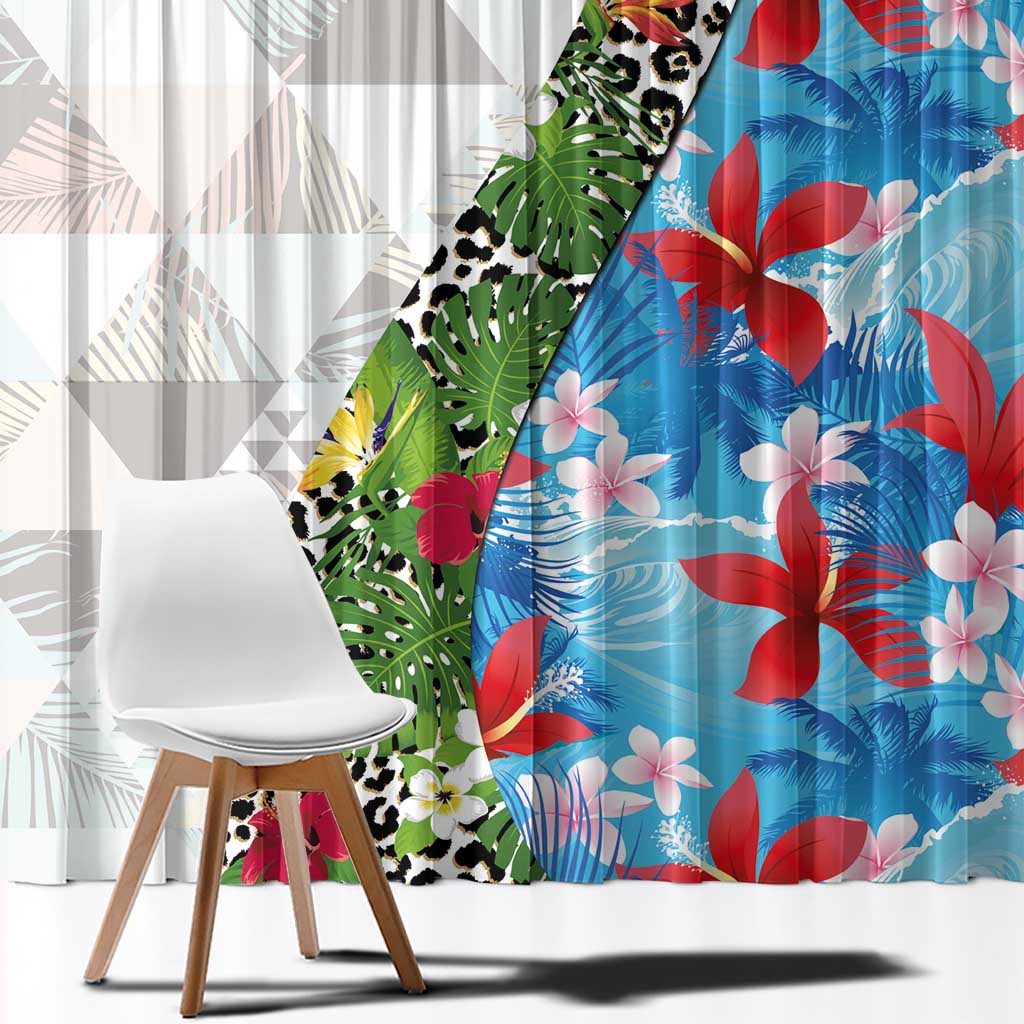 Hawaiian Tropical Flowers and Leaves Window Curtain on Leopard Pattern Half Style White-Blue Version LT03 - Polynesian Pride