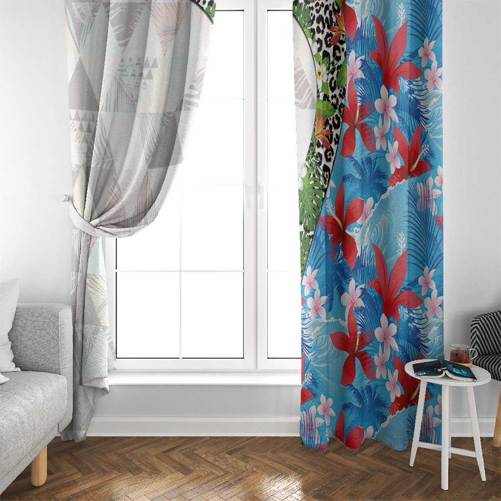 Hawaiian Tropical Flowers and Leaves Window Curtain on Leopard Pattern Half Style White-Blue Version LT03 - Polynesian Pride