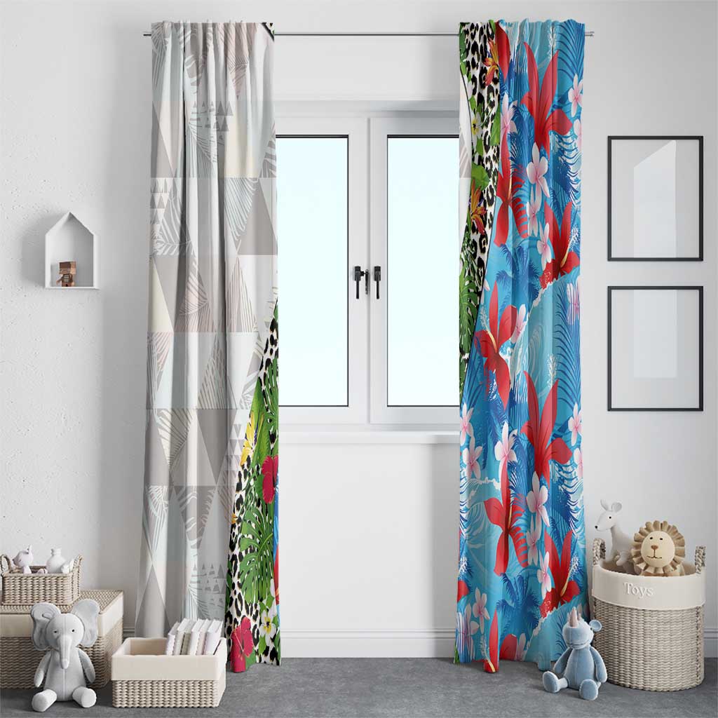 Hawaiian Tropical Flowers and Leaves Window Curtain on Leopard Pattern Half Style White-Blue Version LT03 - Polynesian Pride