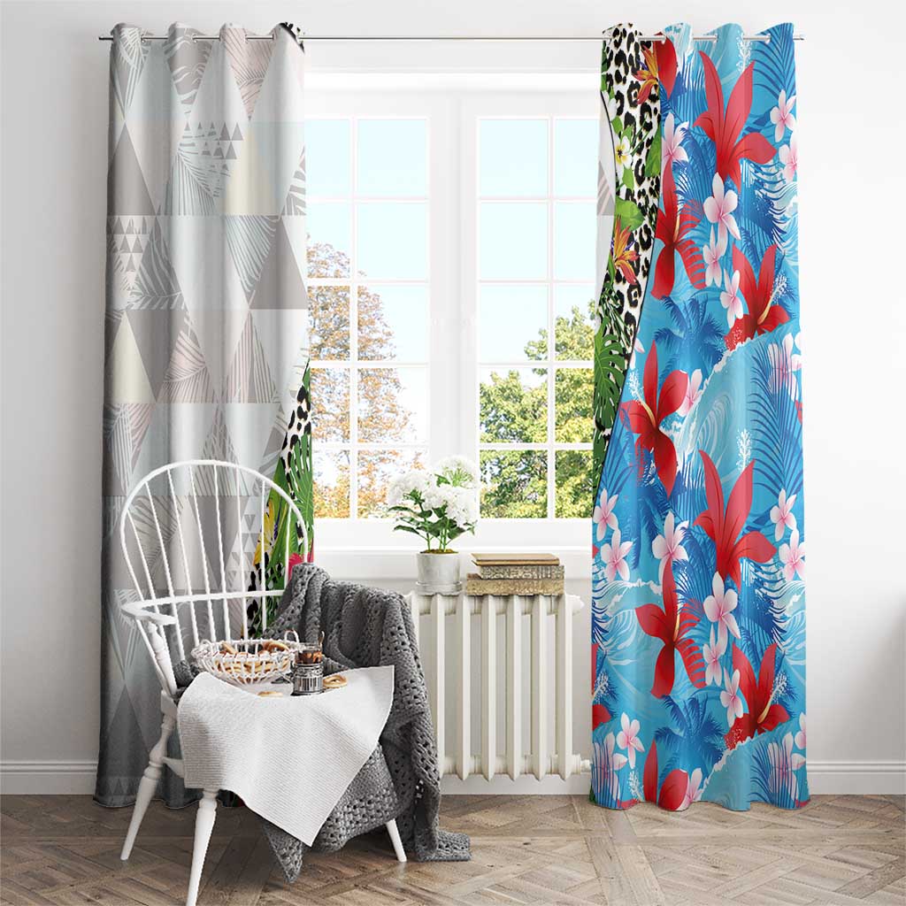 Hawaiian Tropical Flowers and Leaves Window Curtain on Leopard Pattern Half Style White-Blue Version LT03 - Polynesian Pride