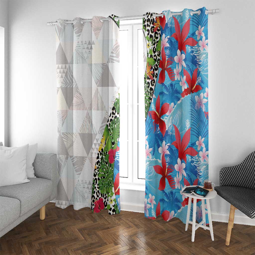 Hawaiian Tropical Flowers and Leaves Window Curtain on Leopard Pattern Half Style White-Blue Version LT03 With Grommets White - Polynesian Pride