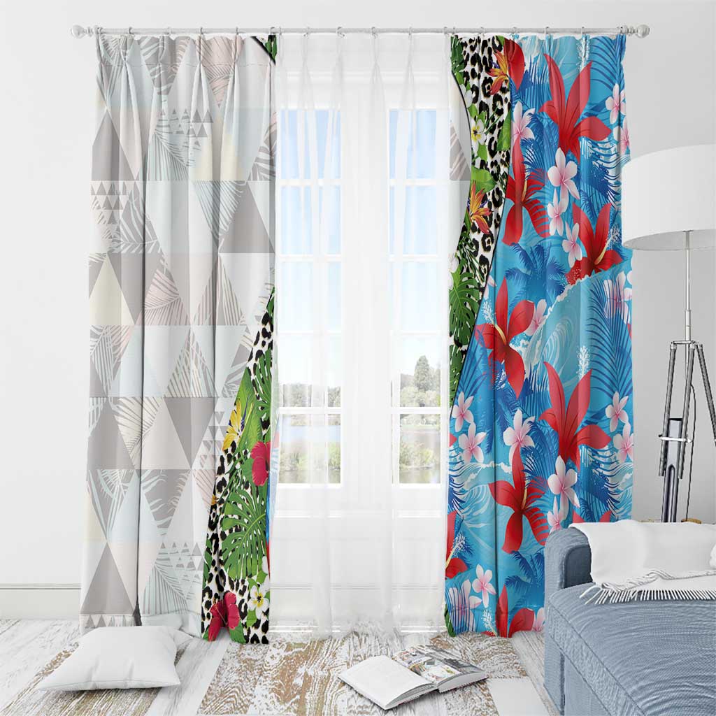 Hawaiian Tropical Flowers and Leaves Window Curtain on Leopard Pattern Half Style White-Blue Version LT03 - Polynesian Pride