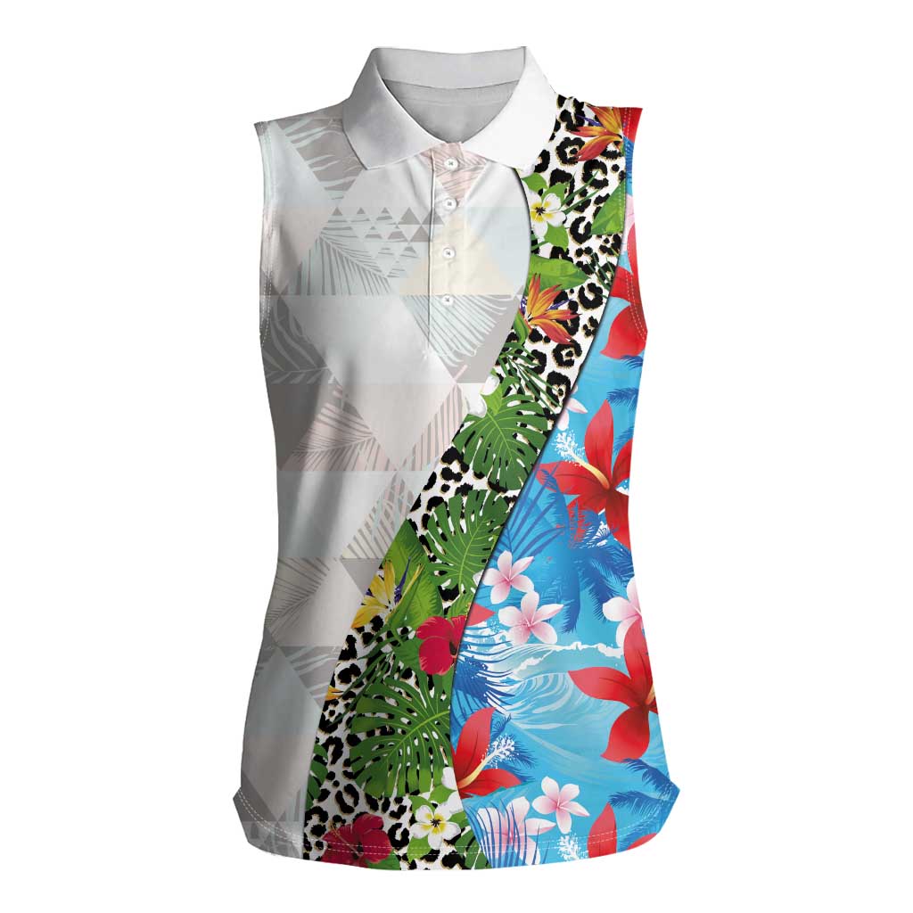 Hawaiian Tropical Flowers and Leaves Women Sleeveless Polo Shirt on Leopard Pattern Half Style White-Blue Version - Polynesian Pride