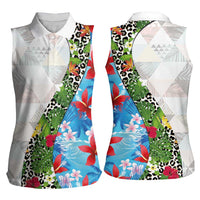 Hawaiian Tropical Flowers and Leaves Women Sleeveless Polo Shirt on Leopard Pattern Half Style White-Blue Version - Polynesian Pride