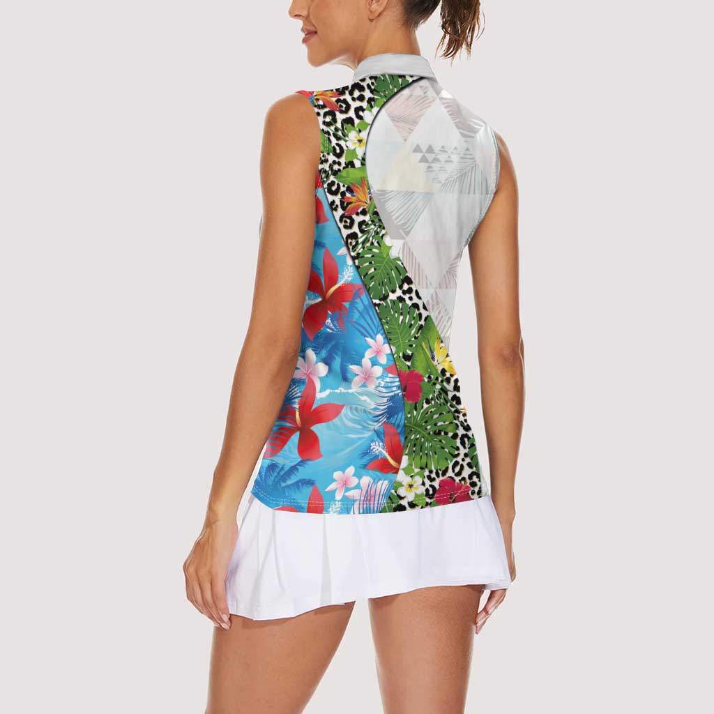Hawaiian Tropical Flowers and Leaves Women Sleeveless Polo Shirt on Leopard Pattern Half Style White-Blue Version - Polynesian Pride
