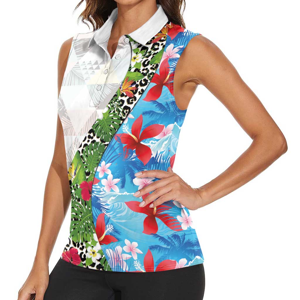 Hawaiian Tropical Flowers and Leaves Women Sleeveless Polo Shirt on Leopard Pattern Half Style White-Blue Version - Polynesian Pride