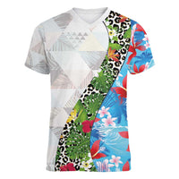 Hawaiian Tropical Flowers and Leaves Women V-Neck T-Shirt on Leopard Pattern Half Style White-Blue Version - Polynesian Pride
