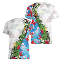 Hawaiian Tropical Flowers and Leaves Women V-Neck T-Shirt on Leopard Pattern Half Style White-Blue Version - Polynesian Pride