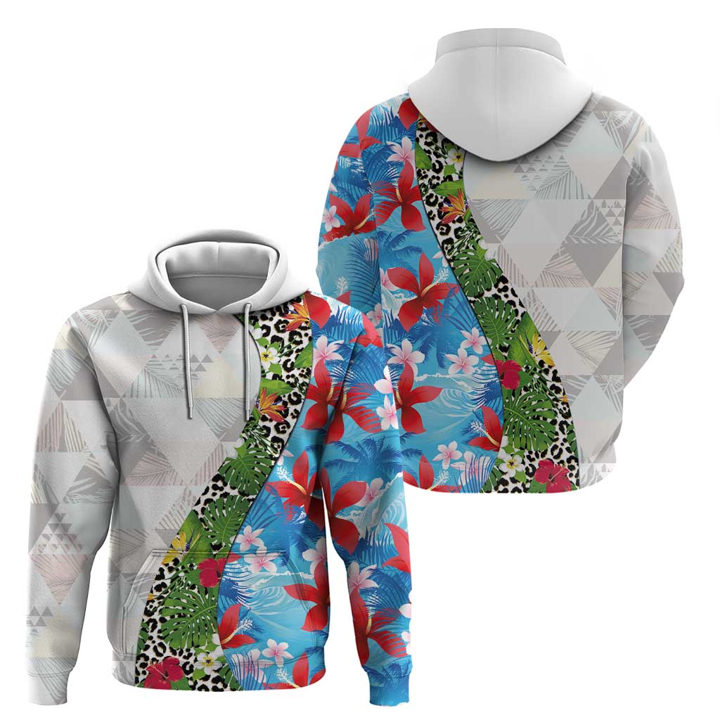 Hawaiian Tropical Flowers and Leaves Zip Hoodie on Leopard Pattern Half Style White-Blue Version - Polynesian Pride