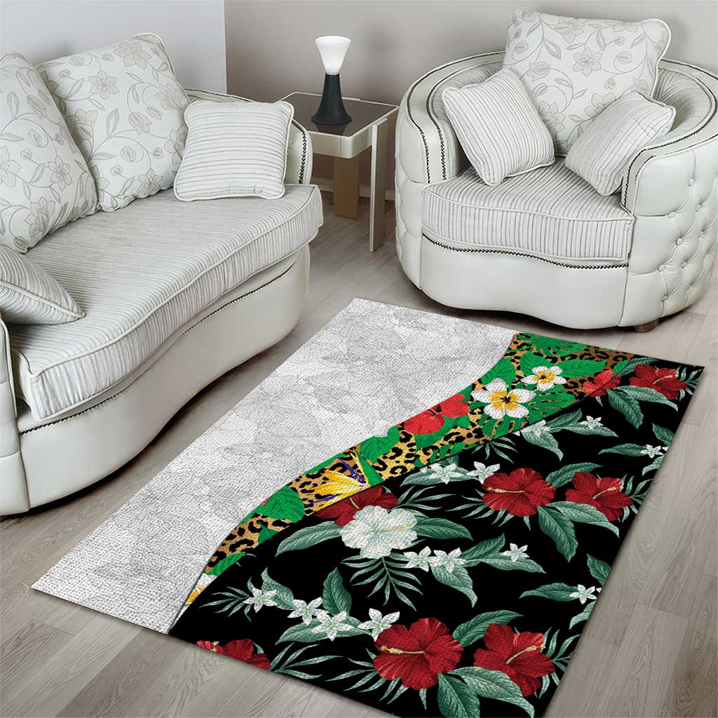 Hawaiian Tropical Flowers and Leaves Area Rug on Leopard Pattern Half Style White-Black Version - Polynesian Pride