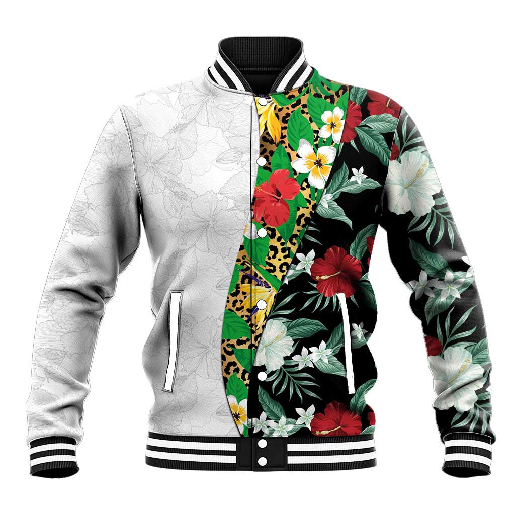 Hawaiian Tropical Flowers and Leaves Baseball Jacket on Leopard Pattern Half Style White-Black Version - Polynesian Pride