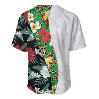 Hawaiian Tropical Flowers and Leaves Baseball Jersey on Leopard Pattern Half Style White-Black Version - Polynesian Pride
