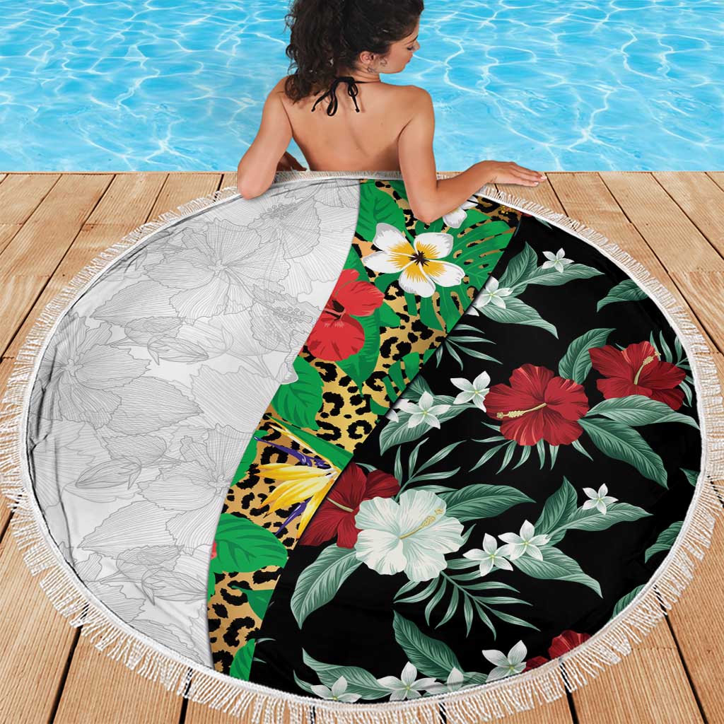 Hawaiian Tropical Flowers and Leaves Beach Blanket on Leopard Pattern Half Style White-Black Version - Polynesian Pride