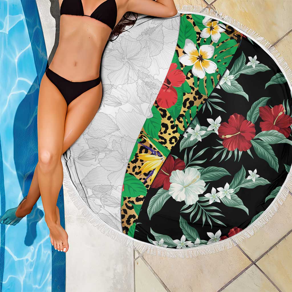 Hawaiian Tropical Flowers and Leaves Beach Blanket on Leopard Pattern Half Style White-Black Version - Polynesian Pride