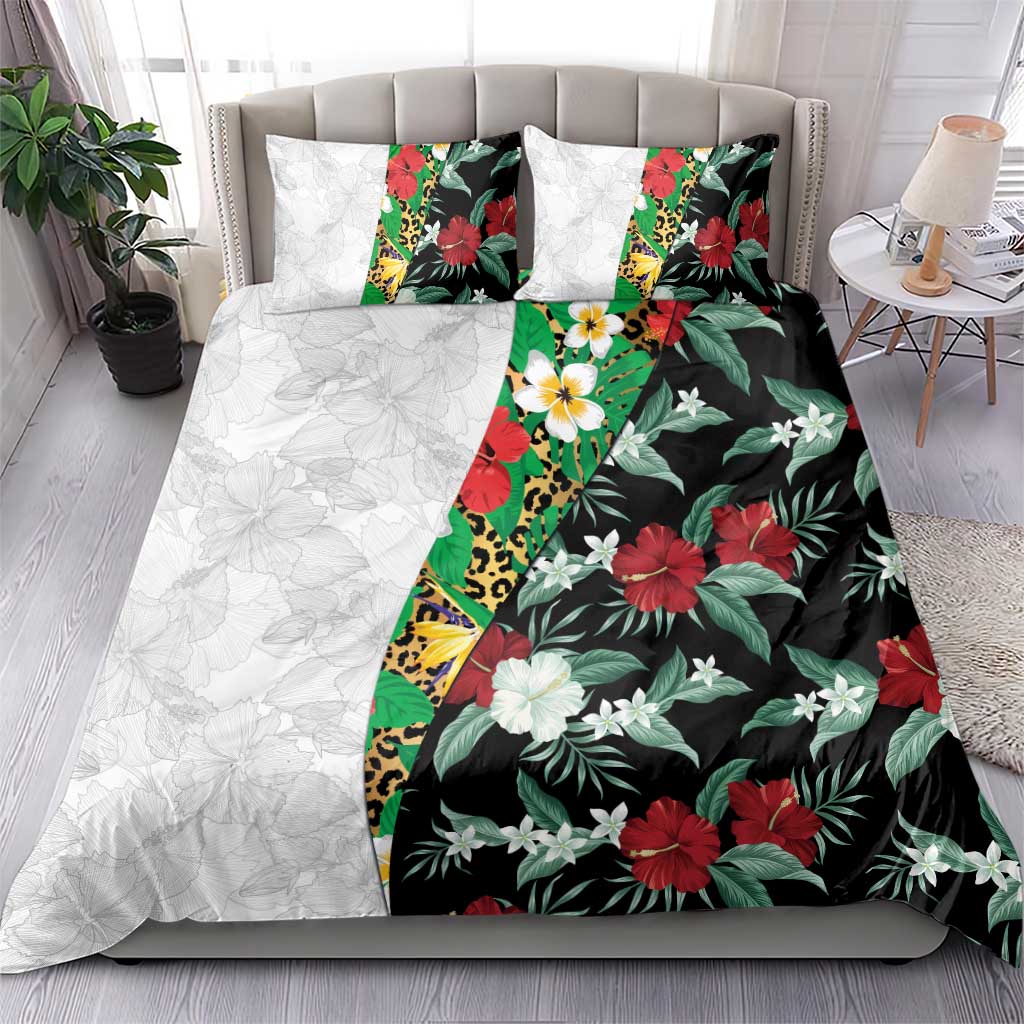 Hawaiian Tropical Flowers and Leaves Bedding Set on Leopard Pattern Half Style White-Black Version - Polynesian Pride