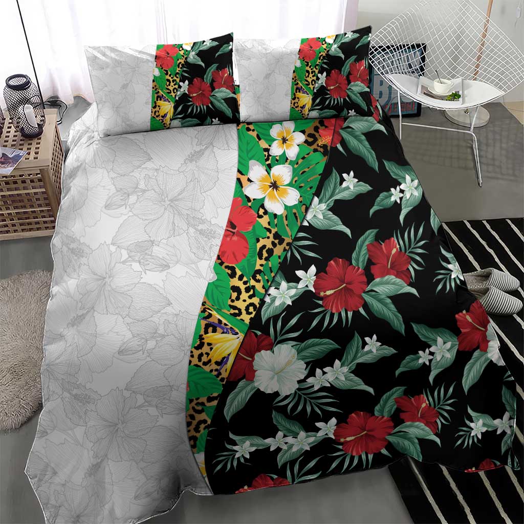 Hawaiian Tropical Flowers and Leaves Bedding Set on Leopard Pattern Half Style White-Black Version - Polynesian Pride