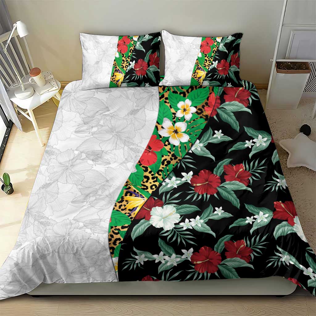 Hawaiian Tropical Flowers and Leaves Bedding Set on Leopard Pattern Half Style White-Black Version - Polynesian Pride