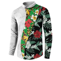 Hawaiian Tropical Flowers and Leaves Button Sweatshirt on Leopard Pattern Half Style White-Black Version - Polynesian Pride