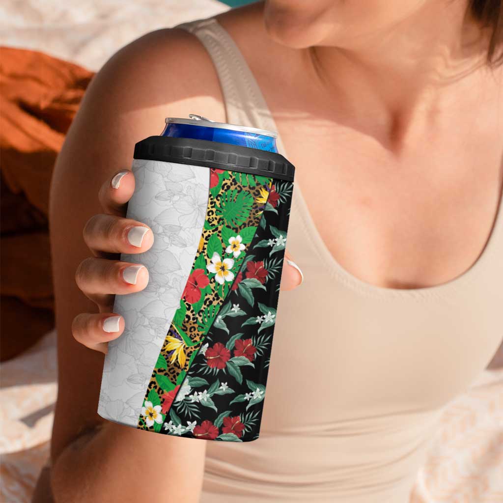 Hawaiian Tropical Flowers and Leaves 4 in 1 Can Cooler Tumbler on Leopard Pattern Half Style White-Black Version - Polynesian Pride