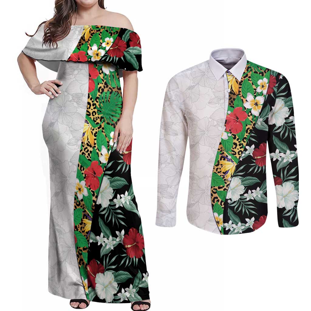 Hawaiian Tropical Flowers and Leaves Couples Matching Off Shoulder Maxi Dress and Long Sleeve Button Shirt on Leopard Pattern Half Style White-Black Version - Polynesian Pride