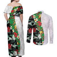 Hawaiian Tropical Flowers and Leaves Couples Matching Off Shoulder Maxi Dress and Long Sleeve Button Shirt on Leopard Pattern Half Style White-Black Version - Polynesian Pride