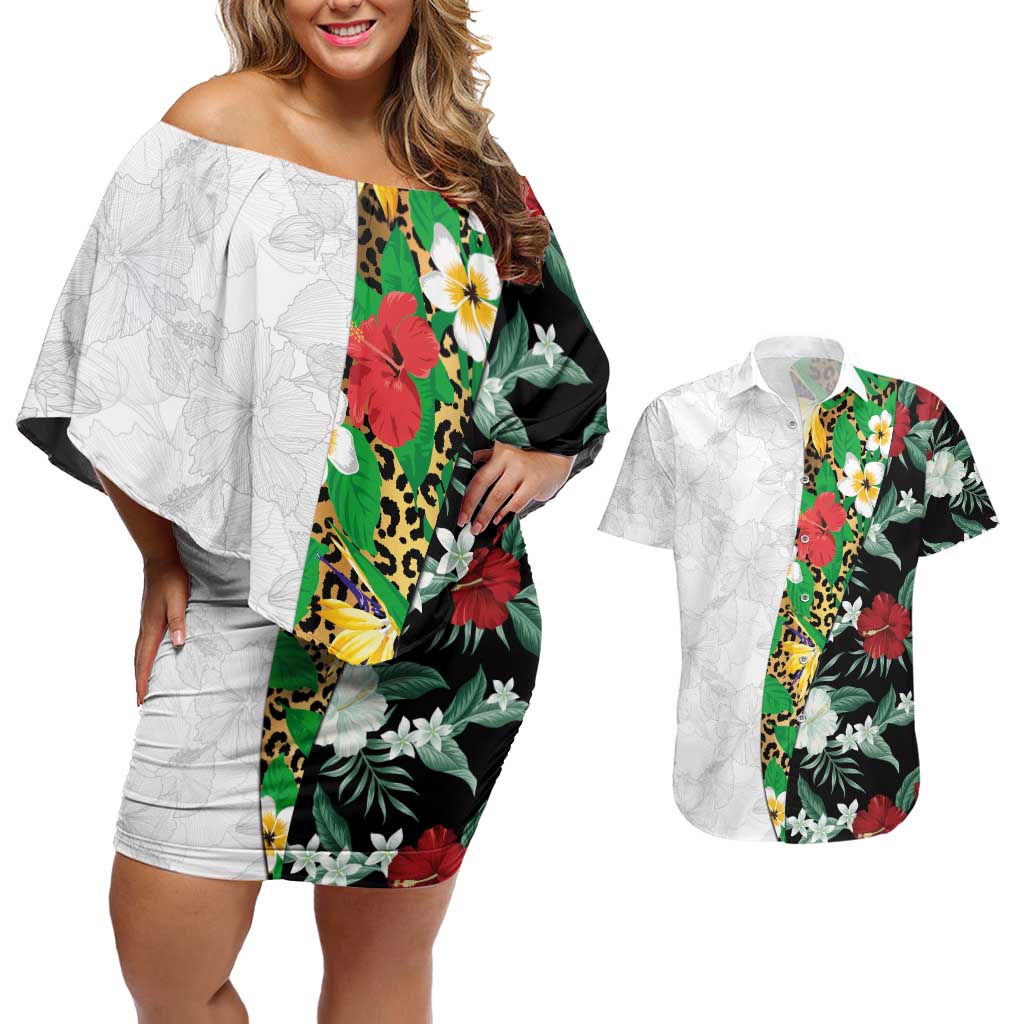 Hawaiian Tropical Flowers and Leaves Couples Matching Off Shoulder Short Dress and Hawaiian Shirt on Leopard Pattern Half Style White-Black Version - Polynesian Pride