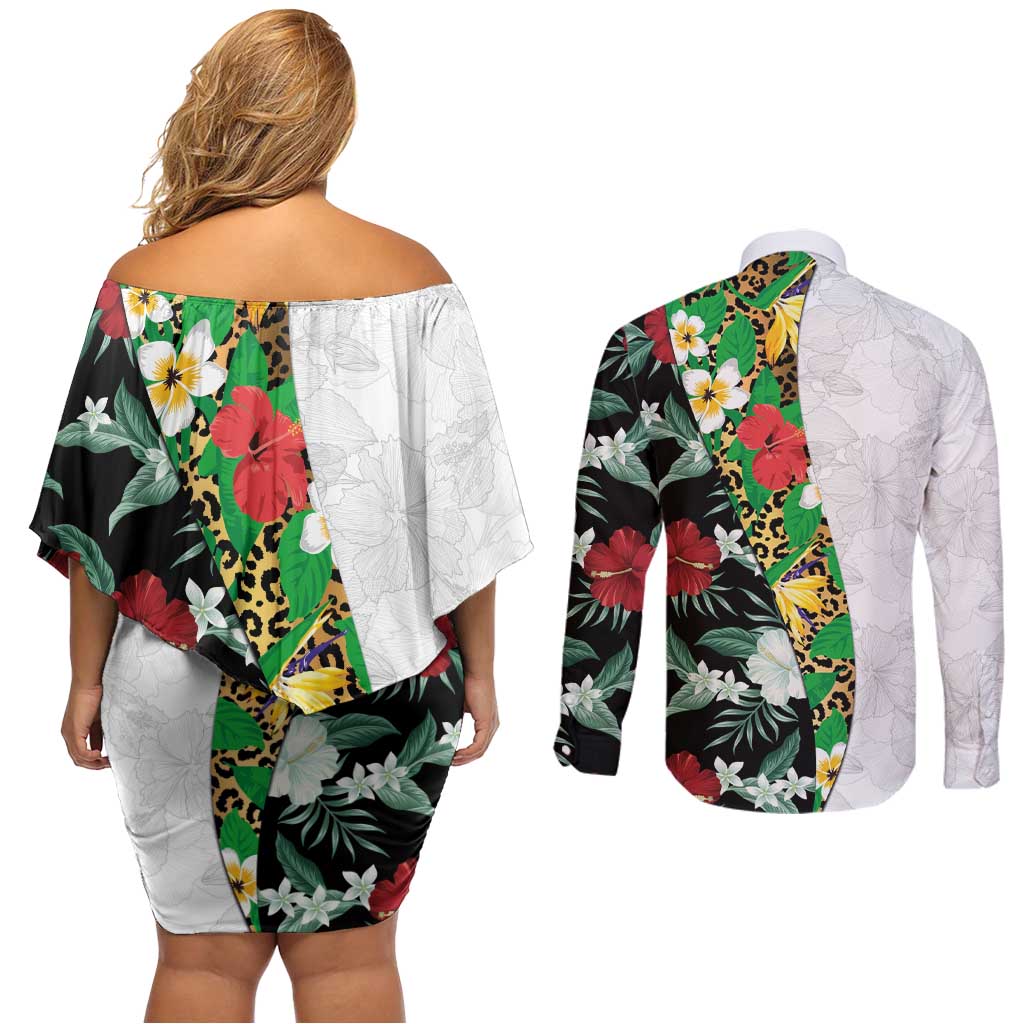 Hawaiian Tropical Flowers and Leaves Couples Matching Off Shoulder Short Dress and Long Sleeve Button Shirt on Leopard Pattern Half Style White-Black Version - Polynesian Pride