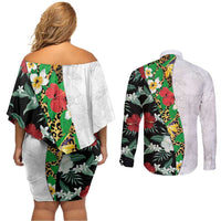 Hawaiian Tropical Flowers and Leaves Couples Matching Off Shoulder Short Dress and Long Sleeve Button Shirt on Leopard Pattern Half Style White-Black Version - Polynesian Pride