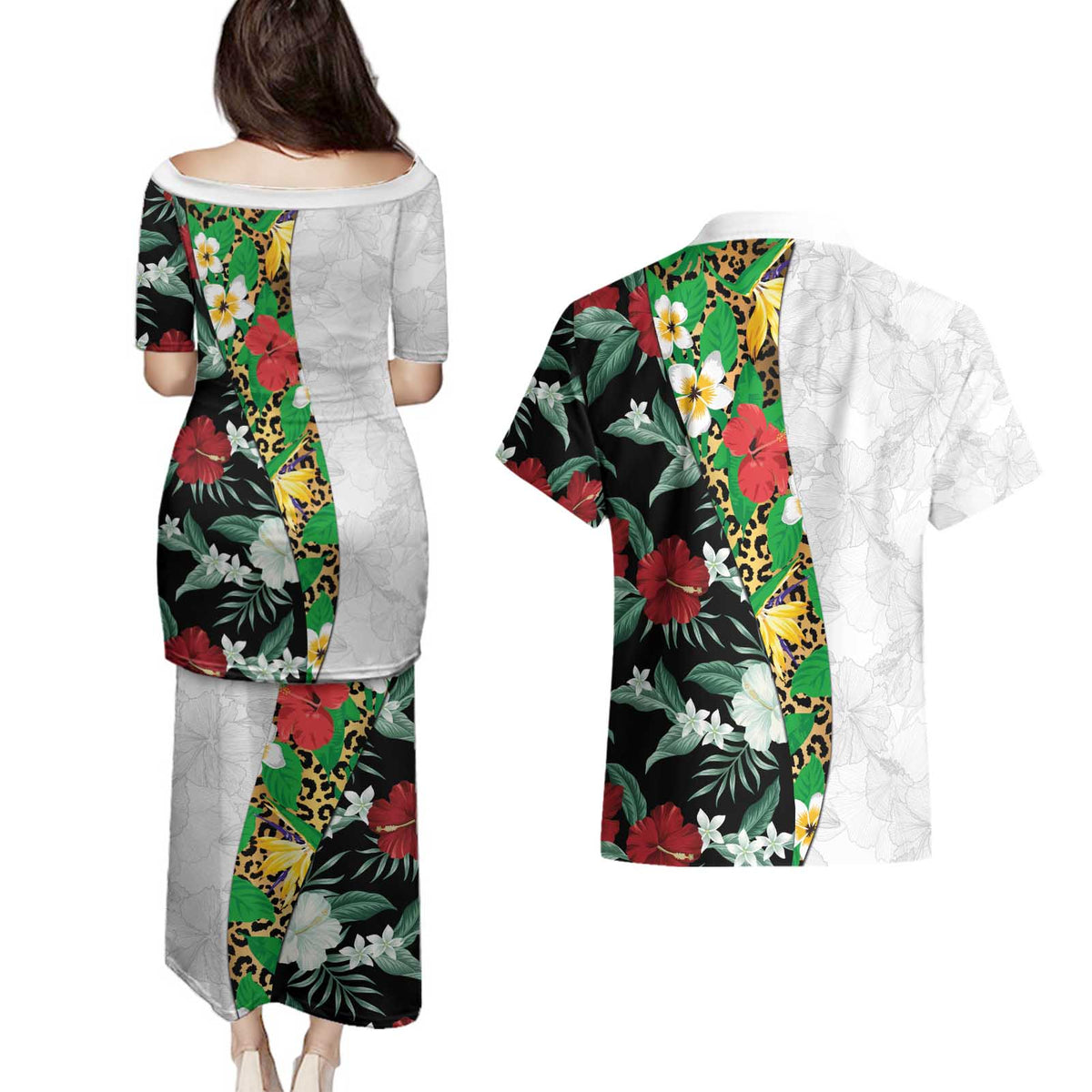 Hawaiian Tropical Flowers and Leaves Couples Matching Puletasi and Hawaiian Shirt on Leopard Pattern Half Style White-Black Version - Polynesian Pride