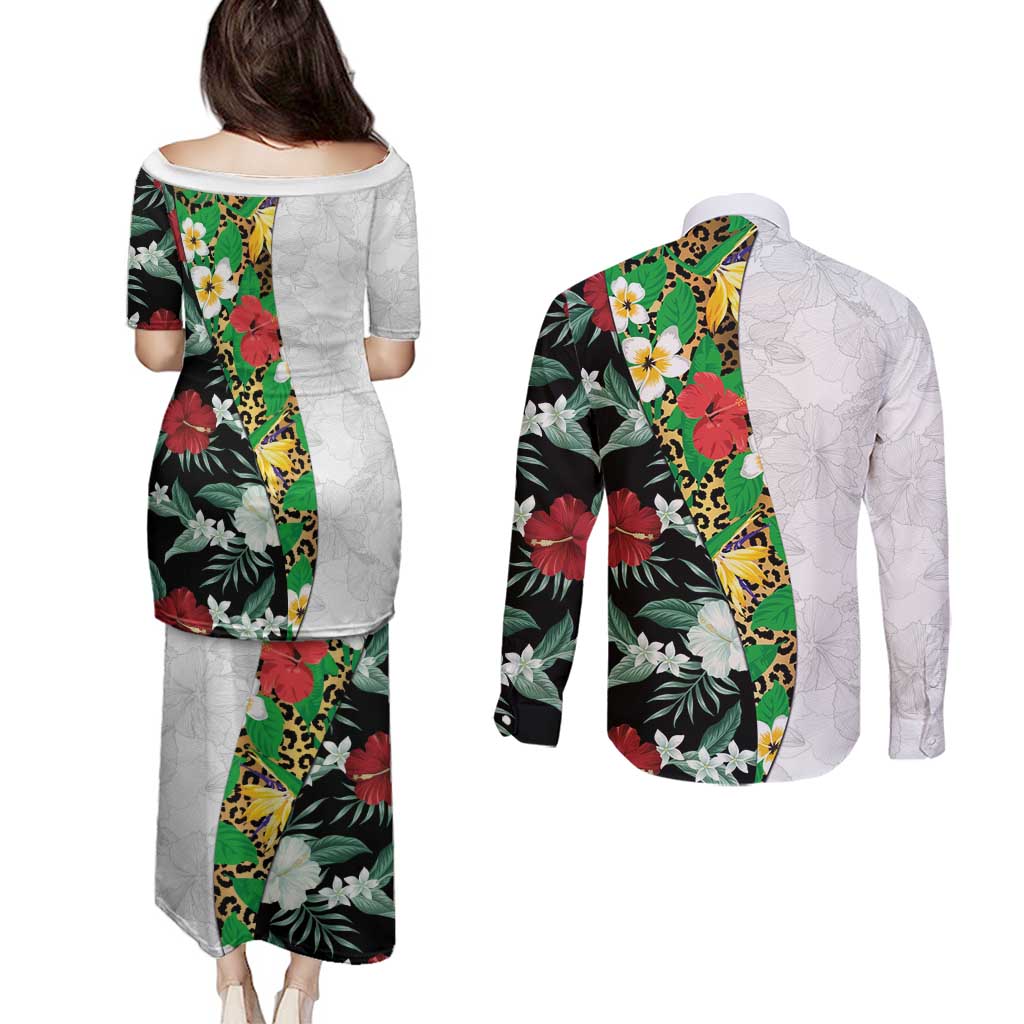 Hawaiian Tropical Flowers and Leaves Couples Matching Puletasi and Long Sleeve Button Shirt on Leopard Pattern Half Style White-Black Version - Polynesian Pride