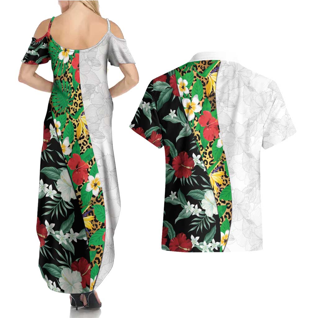 Hawaiian Tropical Flowers and Leaves Couples Matching Summer Maxi Dress and Hawaiian Shirt on Leopard Pattern Half Style White-Black Version - Polynesian Pride