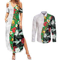 Hawaiian Tropical Flowers and Leaves Couples Matching Summer Maxi Dress and Long Sleeve Button Shirt on Leopard Pattern Half Style White-Black Version - Polynesian Pride