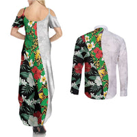 Hawaiian Tropical Flowers and Leaves Couples Matching Summer Maxi Dress and Long Sleeve Button Shirt on Leopard Pattern Half Style White-Black Version - Polynesian Pride