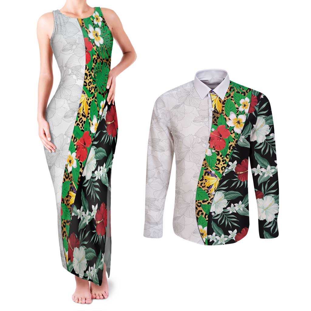 Hawaiian Tropical Flowers and Leaves Couples Matching Tank Maxi Dress and Long Sleeve Button Shirt on Leopard Pattern Half Style White-Black Version - Polynesian Pride