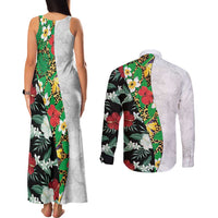Hawaiian Tropical Flowers and Leaves Couples Matching Tank Maxi Dress and Long Sleeve Button Shirt on Leopard Pattern Half Style White-Black Version - Polynesian Pride