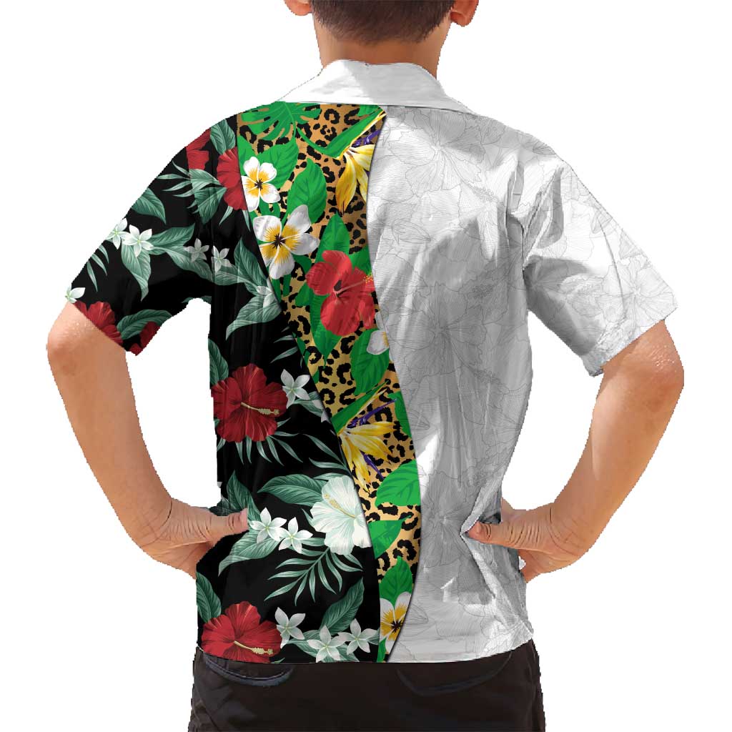 Hawaiian Tropical Flowers and Leaves Family Matching Long Sleeve Bodycon Dress and Hawaiian Shirt on Leopard Pattern Half Style White-Black Version - Polynesian Pride