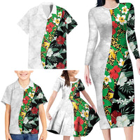 Hawaiian Tropical Flowers and Leaves Family Matching Long Sleeve Bodycon Dress and Hawaiian Shirt on Leopard Pattern Half Style White-Black Version - Polynesian Pride